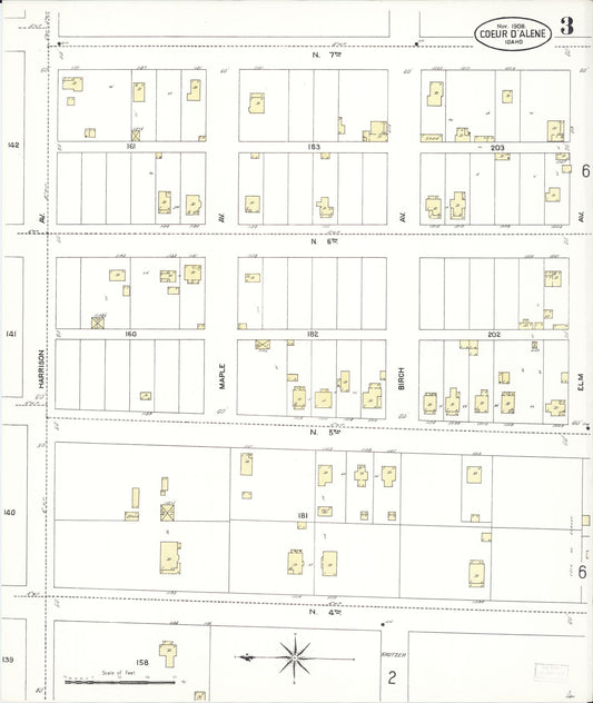 Sanborn Fire Insurance Map from Coeur D'alene, Kootenai County, Idaho (1908), Sheet #0003 - Historic Sanborn Fire Insurance Map Print, vintage old map wall art, antique decor, genealogy gift, Idaho Idaho map