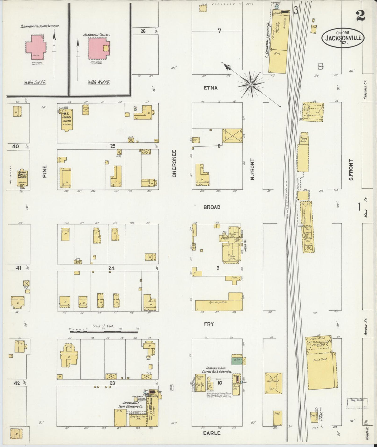 Sanborn Fire Insurance Map from Jacksonville, Cherokee County, Texas (1901), Sheet #0002 - Complete Map Set gallery image, historic Sanborn map, vintage wall art, Texas Texas