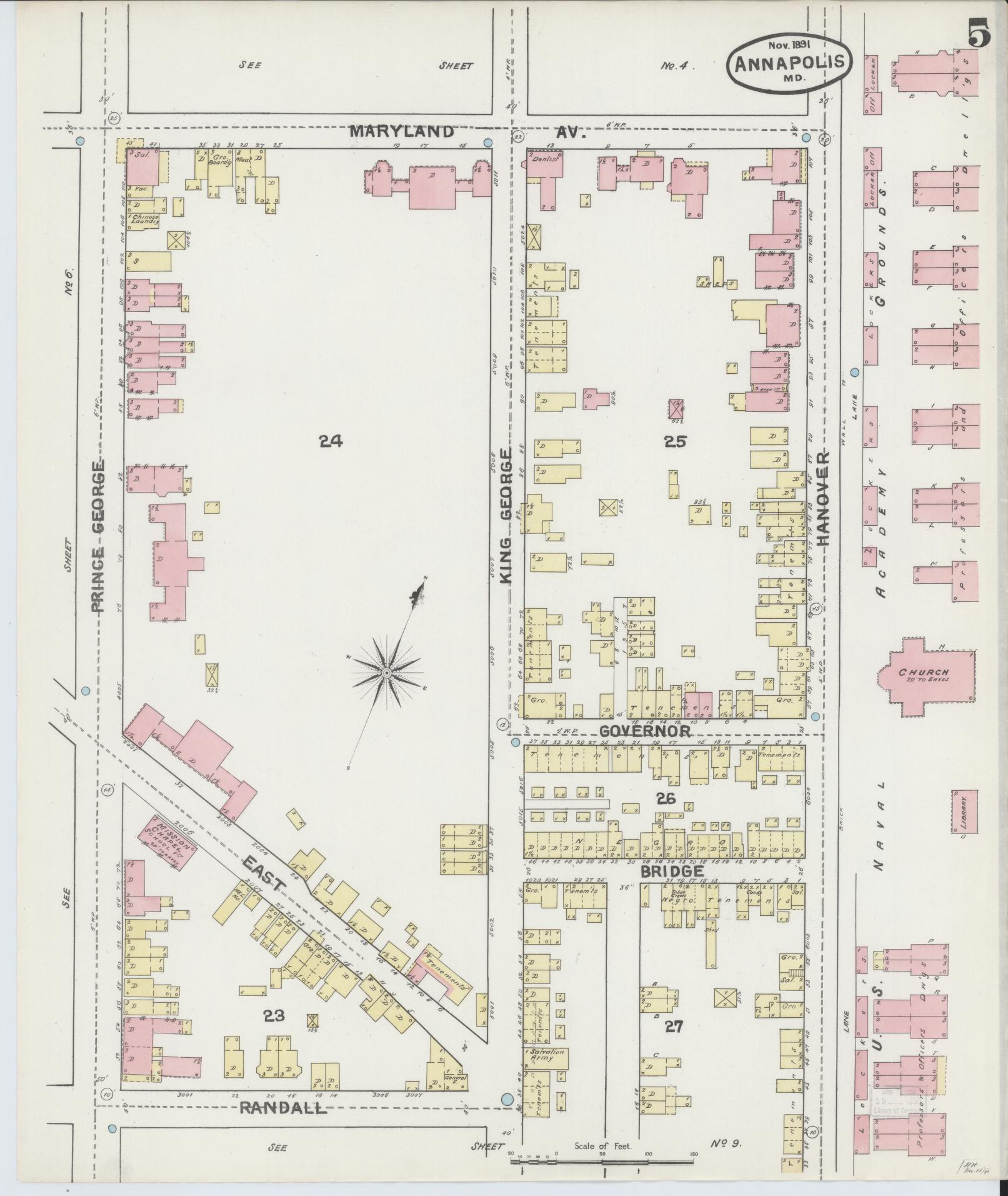 Anne Arundel, Maryland - 1891 - Sanborn Fire Insurance Map, Sheet #0005 - Historic Sanborn Fire Insurance Map Print, Anne Arundel Maryland 1891 0005 vintage old map wall art