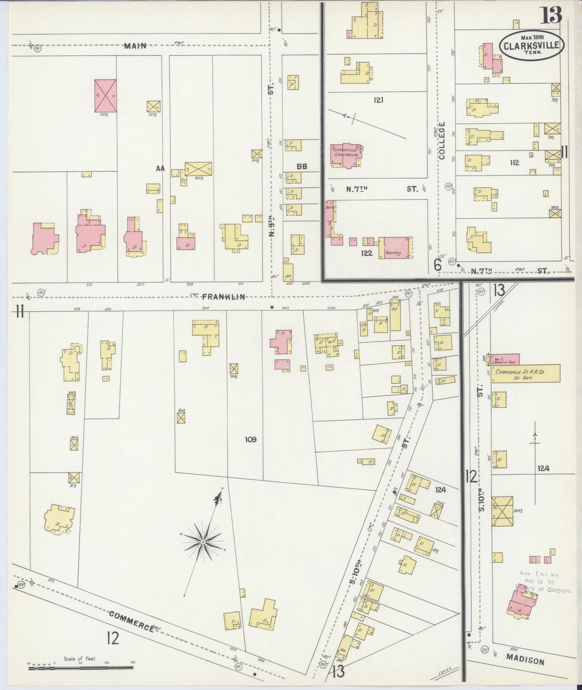 Sanborn Fire Insurance Map from Clarksville, Montgomery County, Tennessee (1898), Sheet #0013 - Historic Sanborn Fire Insurance Map Print, vintage old map wall art, antique decor, genealogy gift, Tennessee Tennessee map