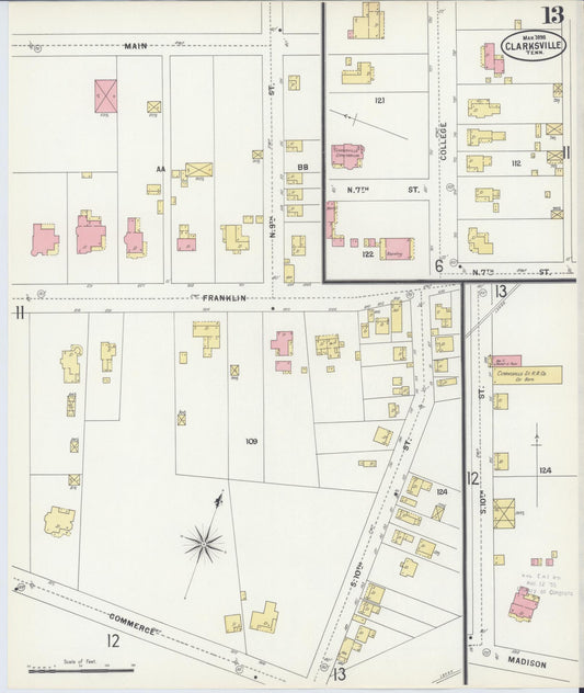 Sanborn Fire Insurance Map from Clarksville, Montgomery County, Tennessee (1898), Sheet #0013 - Historic Sanborn Fire Insurance Map Print, vintage old map wall art, antique decor, genealogy gift, Tennessee Tennessee map