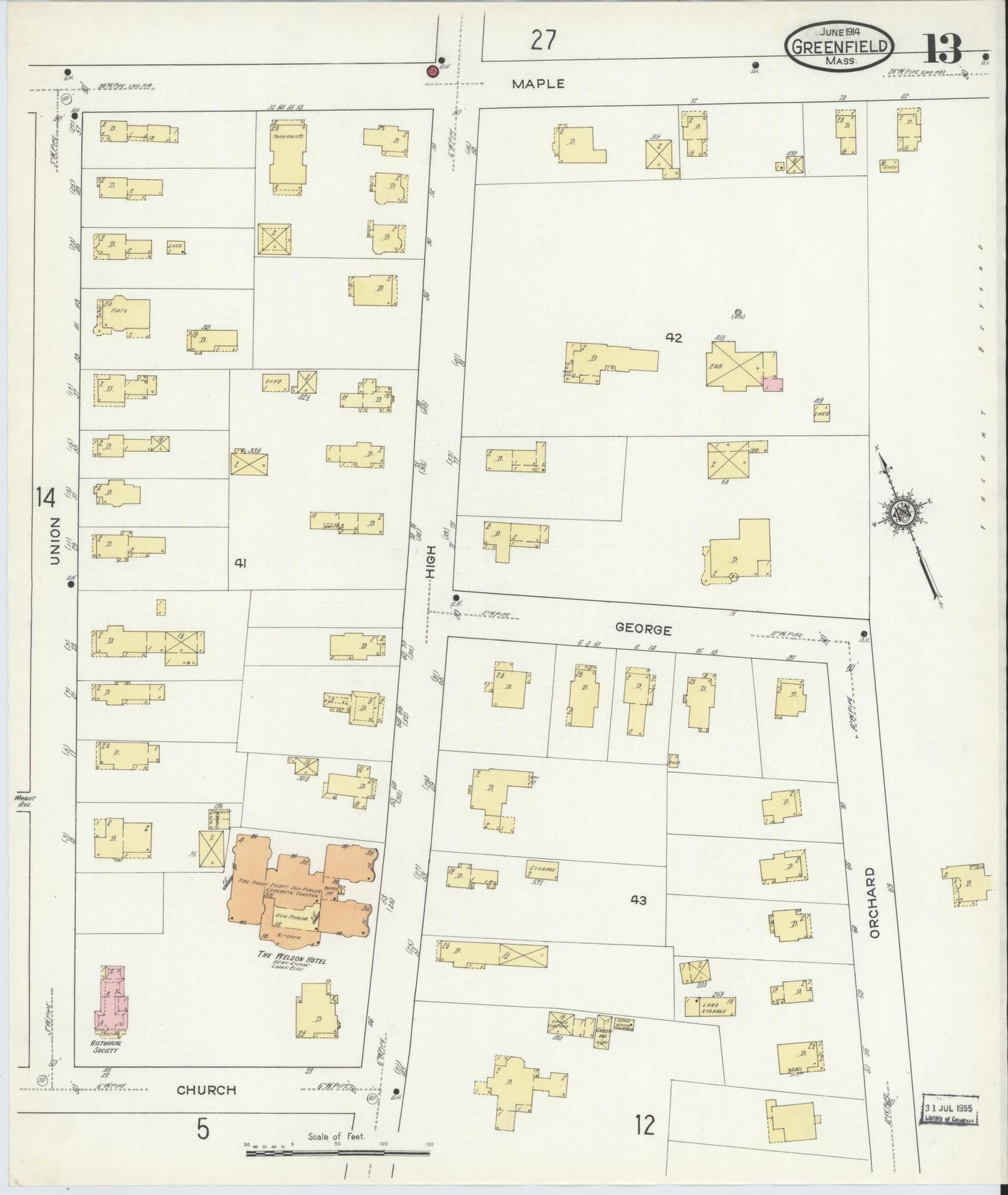 Sanborn Fire Insurance Map from Greenfield, Franklin County, Massachusetts (1914), Sheet #0013 - Complete Map Set gallery image, historic Sanborn map, vintage wall art, Massachusetts Massachusetts