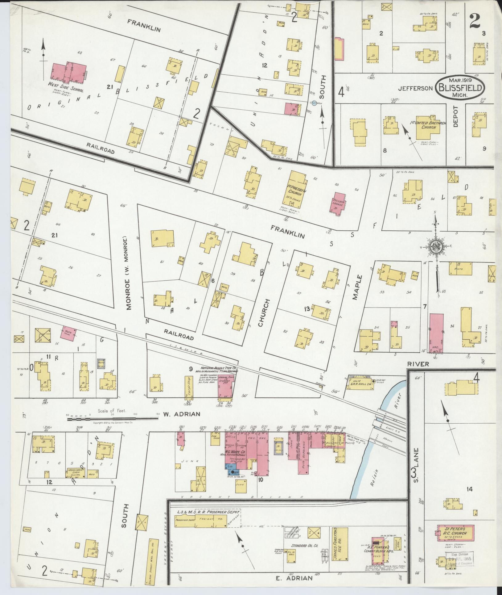 Sanborn Fire Insurance Map from Blissfield, Lenawee County, Michigan (1919), Sheet #0002 - Complete Map Set gallery image, historic Sanborn map, vintage wall art, Michigan Michigan