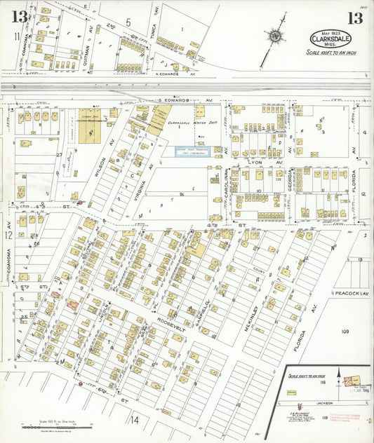 Sanborn Fire Insurance Map from Clarksdale, Coahoma County, Mississippi (1923), Sheet #0013 - Historic Sanborn Fire Insurance Map Print, vintage old map wall art, antique decor, genealogy gift, Mississippi Mississippi map
