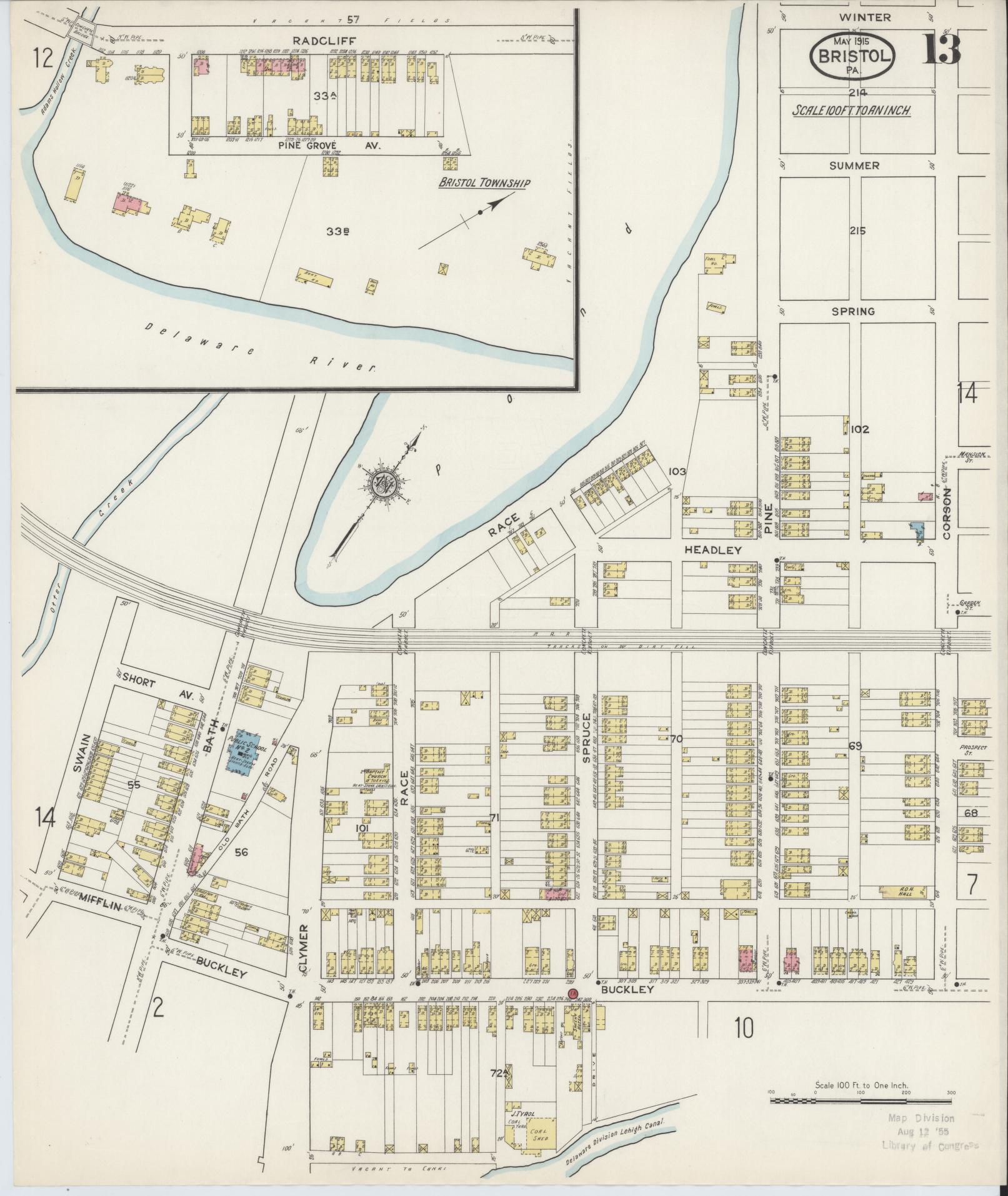 Sanborn Fire Insurance Map from Bristol, Bucks County, Pennsylvania (1915), Sheet #0013 - Historic Sanborn Fire Insurance Map Print, vintage old map wall art, antique decor, genealogy gift, Pennsylvania Pennsylvania map