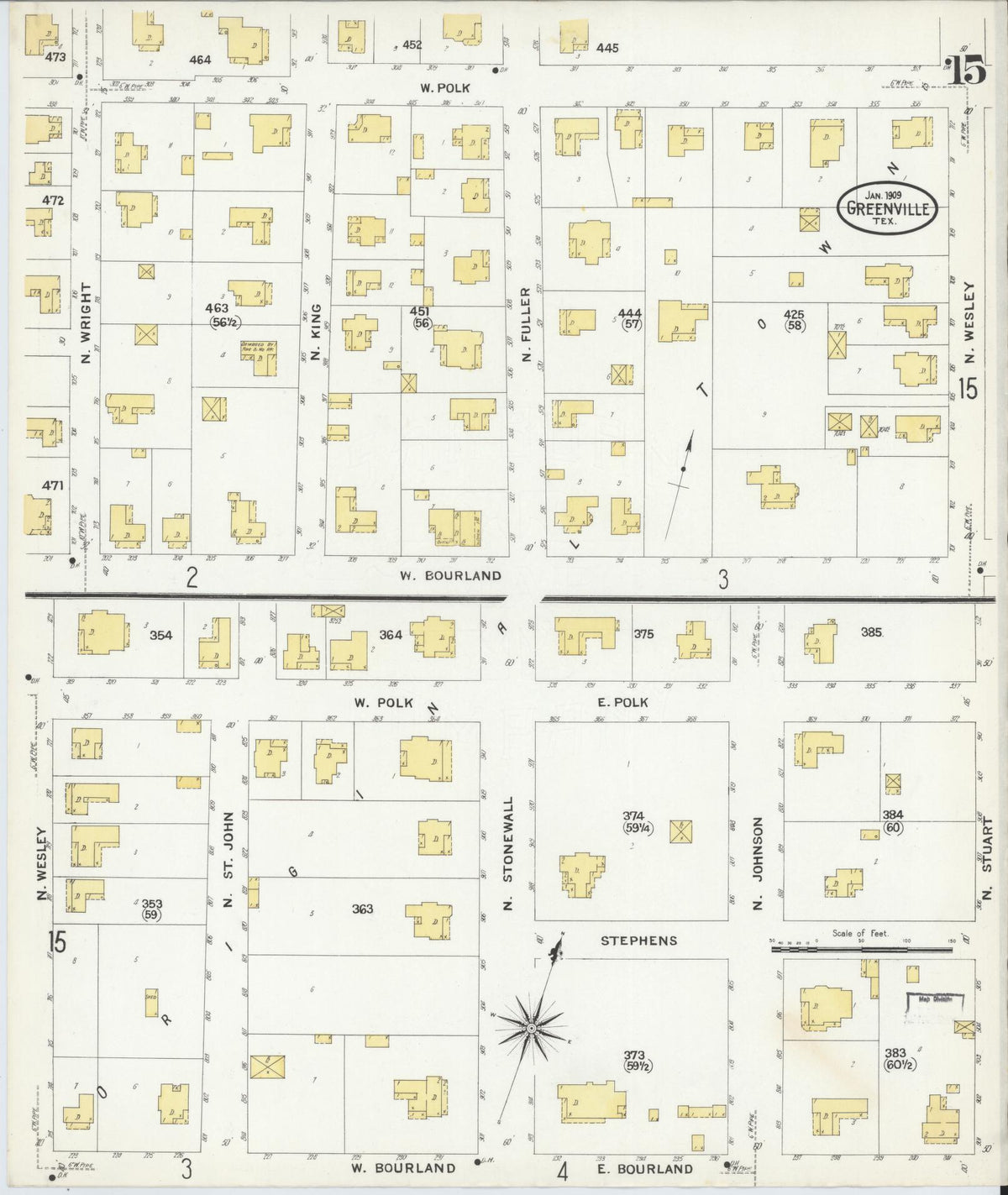 Sanborn Fire Insurance Map from Greenville, Hunt County, Texas (1909), Sheet #0015 - Complete Map Set gallery image, historic Sanborn map, vintage wall art, Texas Texas
