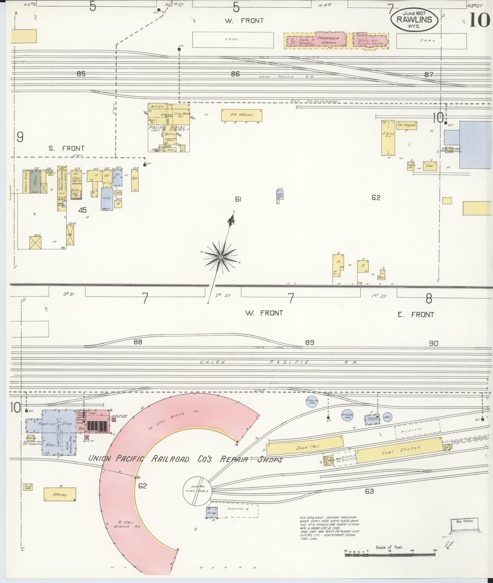 Sanborn Fire Insurance Map from Rawlins, Carbon County, Wyoming (1907), Sheet #0010 - Historic Sanborn Fire Insurance Map Print, vintage old map wall art, antique decor, genealogy gift, Wyoming Wyoming map