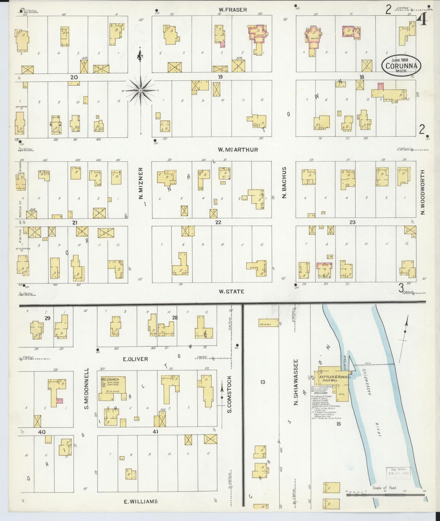 Sanborn Fire Insurance Map from Corunna, Shiawassee County, Michigan (1908), Sheet #0004 - Historic Sanborn Fire Insurance Map Print, vintage old map wall art, antique decor, genealogy gift, Michigan Michigan map