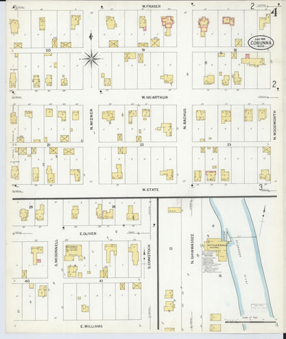 Sanborn Fire Insurance Map from Corunna, Shiawassee County, Michigan (1908), Sheet #0004 - Historic Sanborn Fire Insurance Map Print, vintage old map wall art, antique decor, genealogy gift, Michigan Michigan map