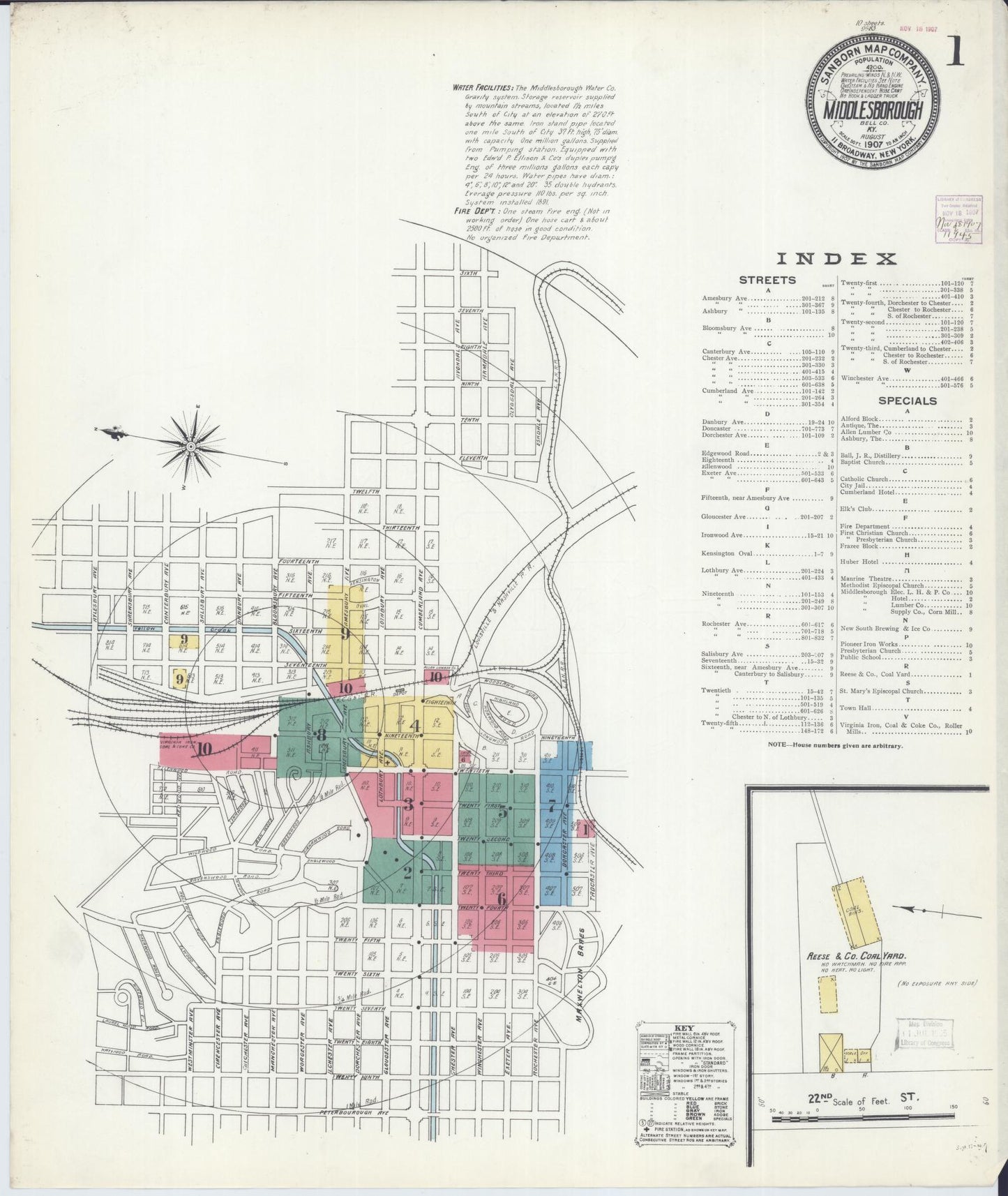 Sanborn Fire Insurance Map from Middlesboro, Bell County, Kentucky (1907), Sheet #0001 - Complete Map Set gallery image, historic Sanborn map, vintage wall art, Kentucky Kentucky
