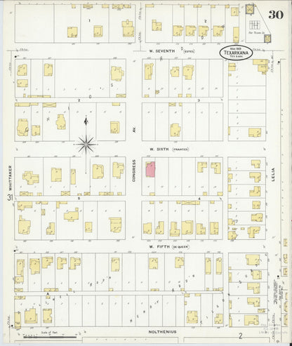 Sanborn Fire Insurance Map from Texarkana, Bowie County, Texas (1909), Sheet #0030 - Historic Sanborn Fire Insurance Map Print, vintage old map wall art, antique decor, genealogy gift, Texas Texas map