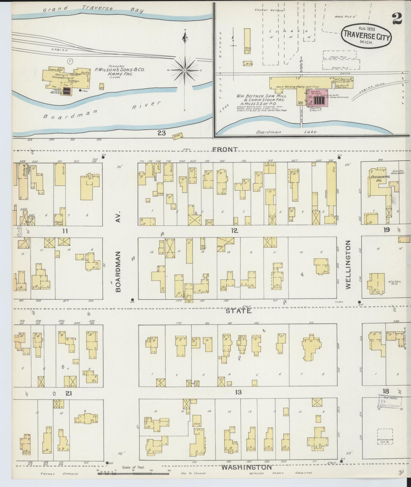 Sanborn Fire Insurance Map from Traverse City, Grand Traverse County, Michigan (1893), Sheet #0002 - Historic Sanborn Fire Insurance Map Print, vintage old map wall art, antique decor, genealogy gift, Michigan Michigan map