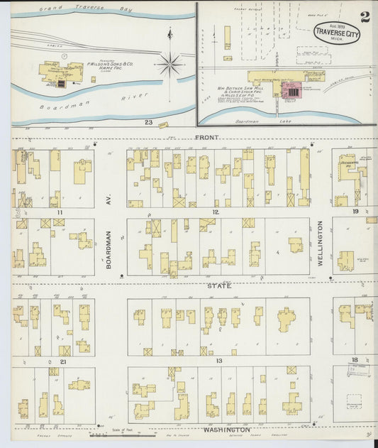 Sanborn Fire Insurance Map from Traverse City, Grand Traverse County, Michigan (1893), Sheet #0002 - Historic Sanborn Fire Insurance Map Print, vintage old map wall art, antique decor, genealogy gift, Michigan Michigan map