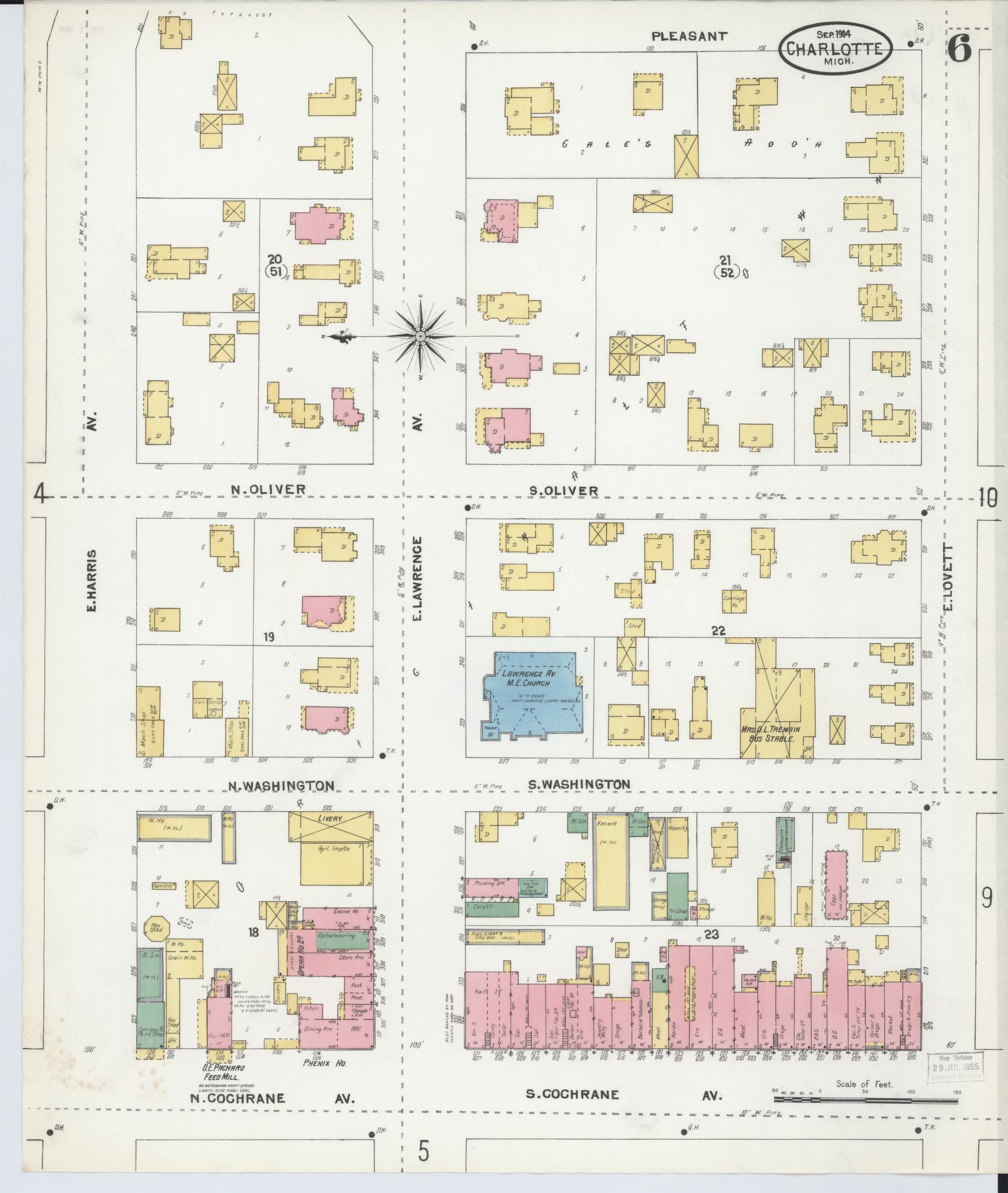 Sanborn Fire Insurance Map from Charlotte, Eaton County, Michigan (1904), Sheet #0006 - Historic Sanborn Fire Insurance Map Print, vintage old map wall art, antique decor, genealogy gift, Michigan Michigan map