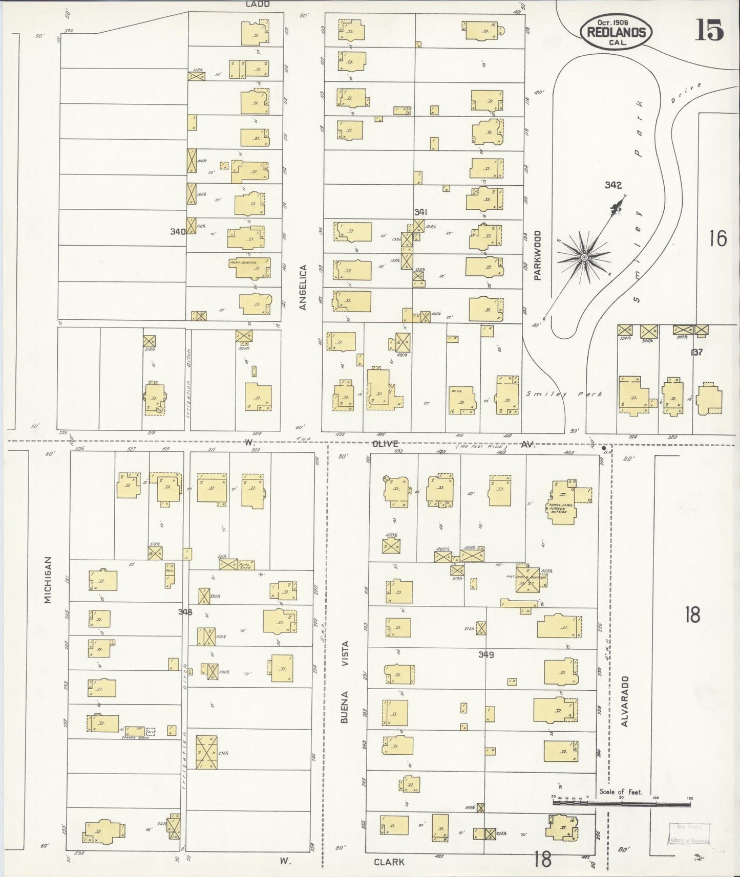 Sanborn Fire Insurance Map from Redlands, San Bernardino County, California (1908), Sheet #0015 - Complete Map Set gallery image, historic Sanborn map, vintage wall art, California California