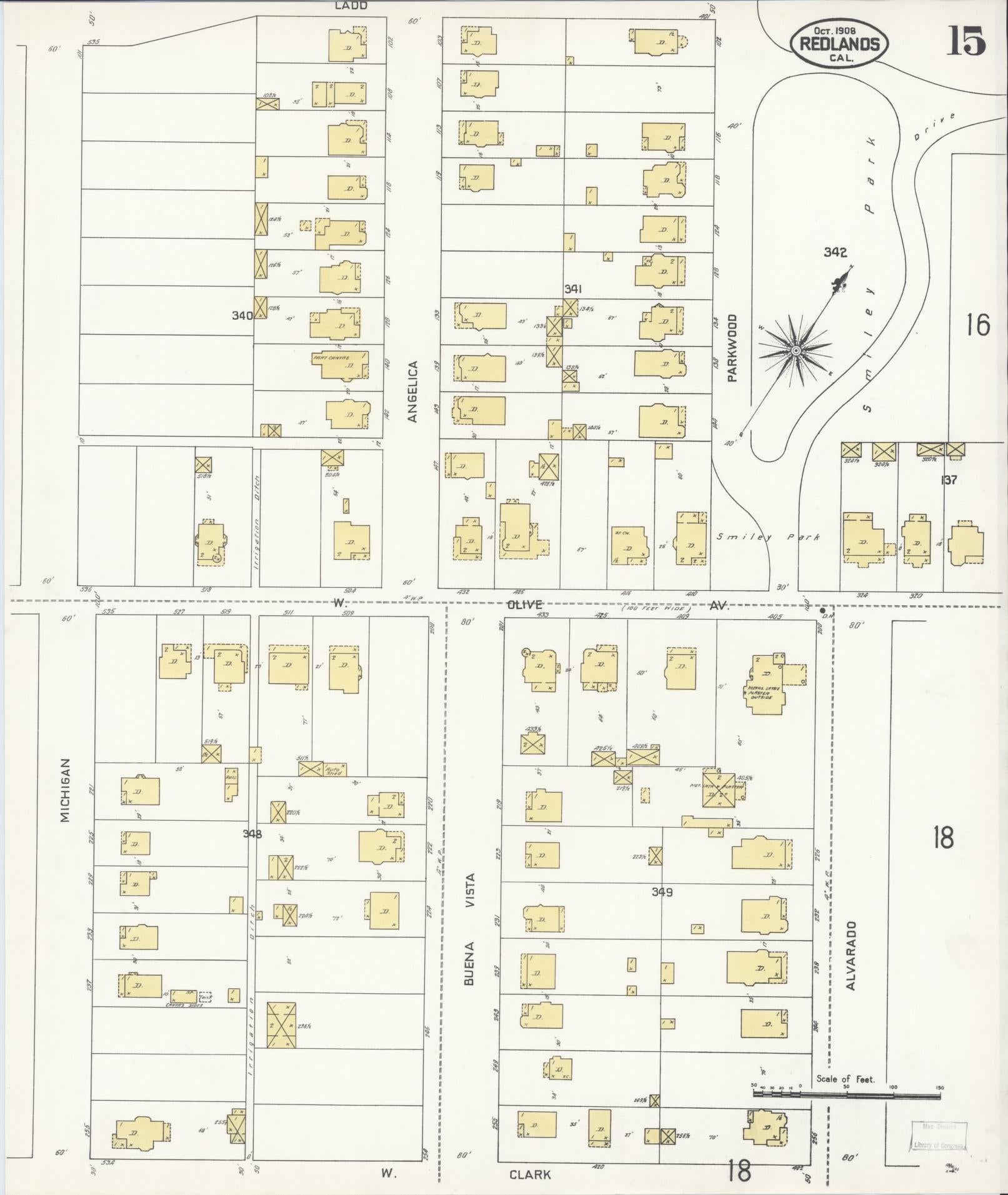 Sanborn Fire Insurance Map from Redlands, San Bernardino County, California (1908), Sheet #0015 - Complete Map Set gallery image, historic Sanborn map, vintage wall art, California California