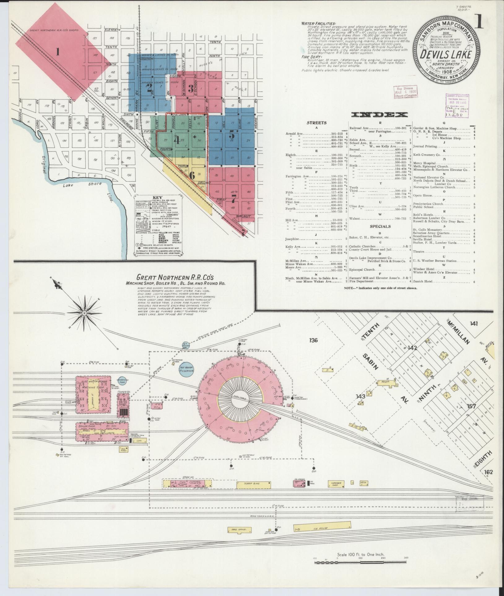 Sanborn Fire Insurance Map from Devils Lake, Ramsey County, North Dakota (1908), Sheet #0001 - Historic Sanborn Fire Insurance Map Print, vintage old map wall art, antique decor, genealogy gift, North Dakota North Dakota map