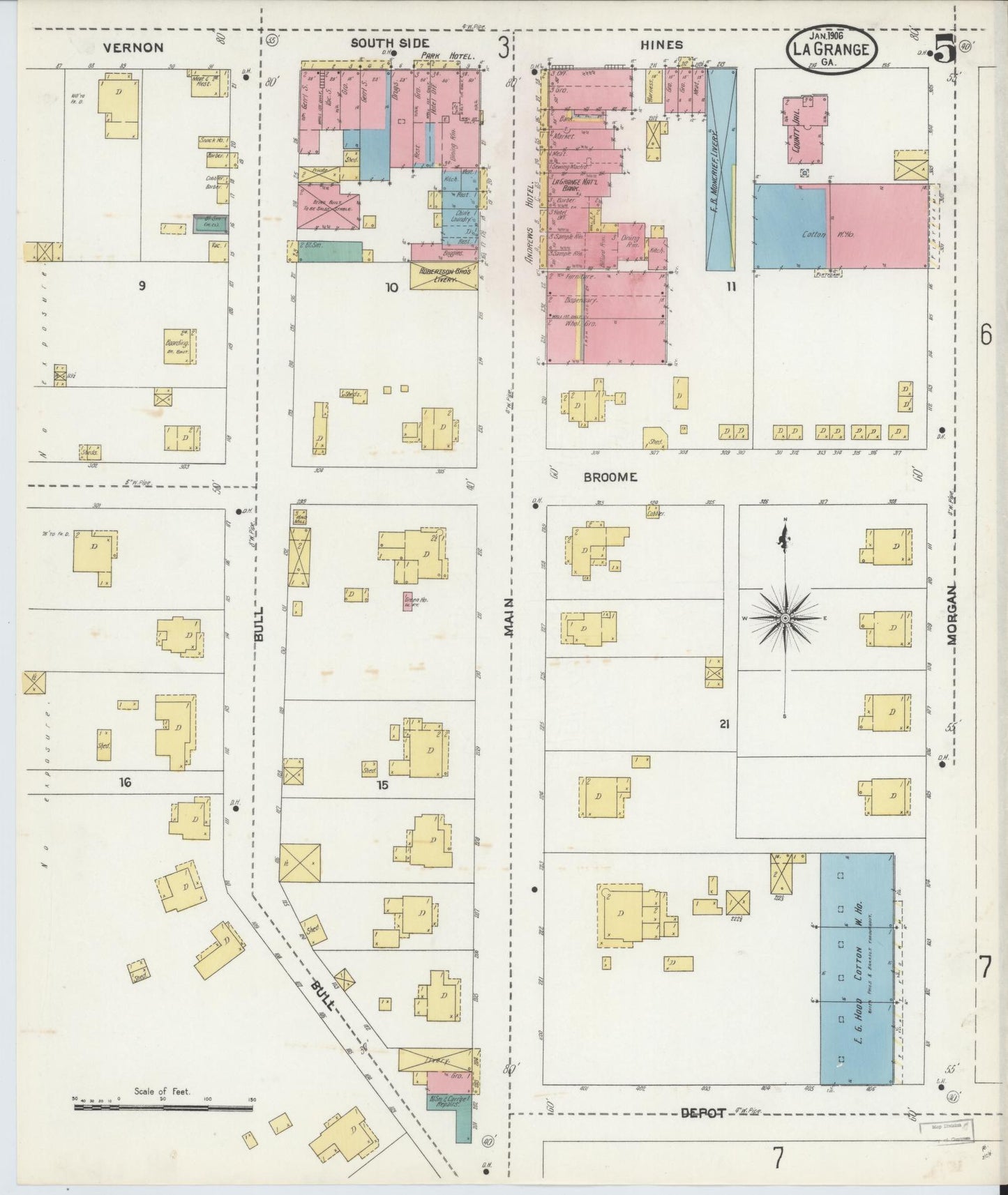Sanborn Fire Insurance Map from La Grange, Troup County, Georgia (1906), Sheet #0005 - Historic Sanborn Fire Insurance Map Print, vintage old map wall art, antique decor, genealogy gift, Georgia Georgia map