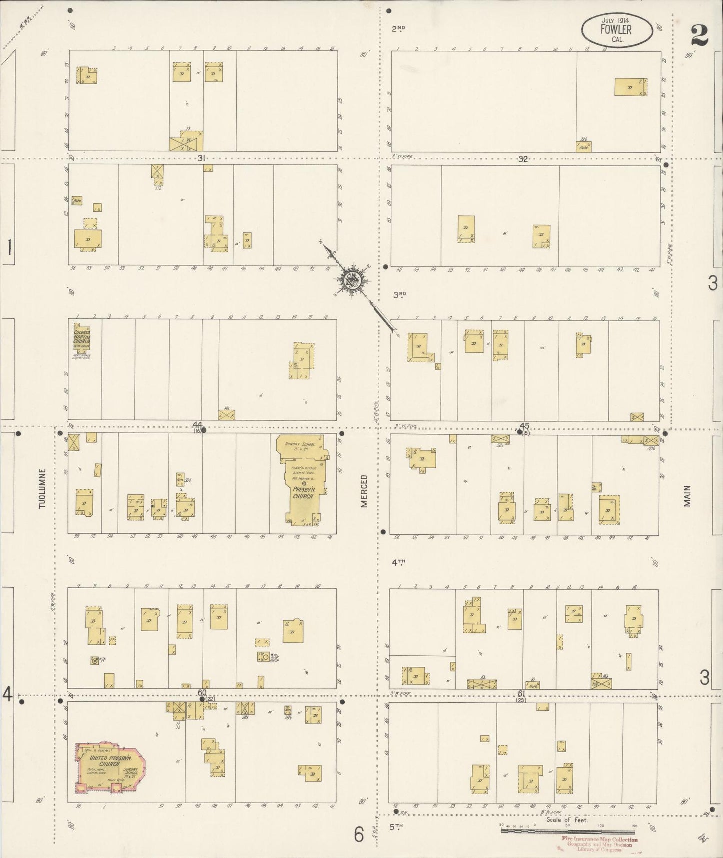 Sanborn Fire Insurance Map from Fowler, Fresno County, California (1914), Sheet #0002 - Historic Sanborn Fire Insurance Map Print, vintage old map wall art, antique decor, genealogy gift, California California map