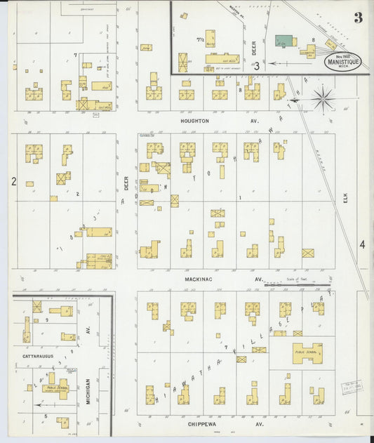 Sanborn Fire Insurance Map from Manistique, Schoolcraft County, Michigan (1900), Sheet #0003 - Historic Sanborn Fire Insurance Map Print, vintage old map wall art, antique decor, genealogy gift, Michigan Michigan map