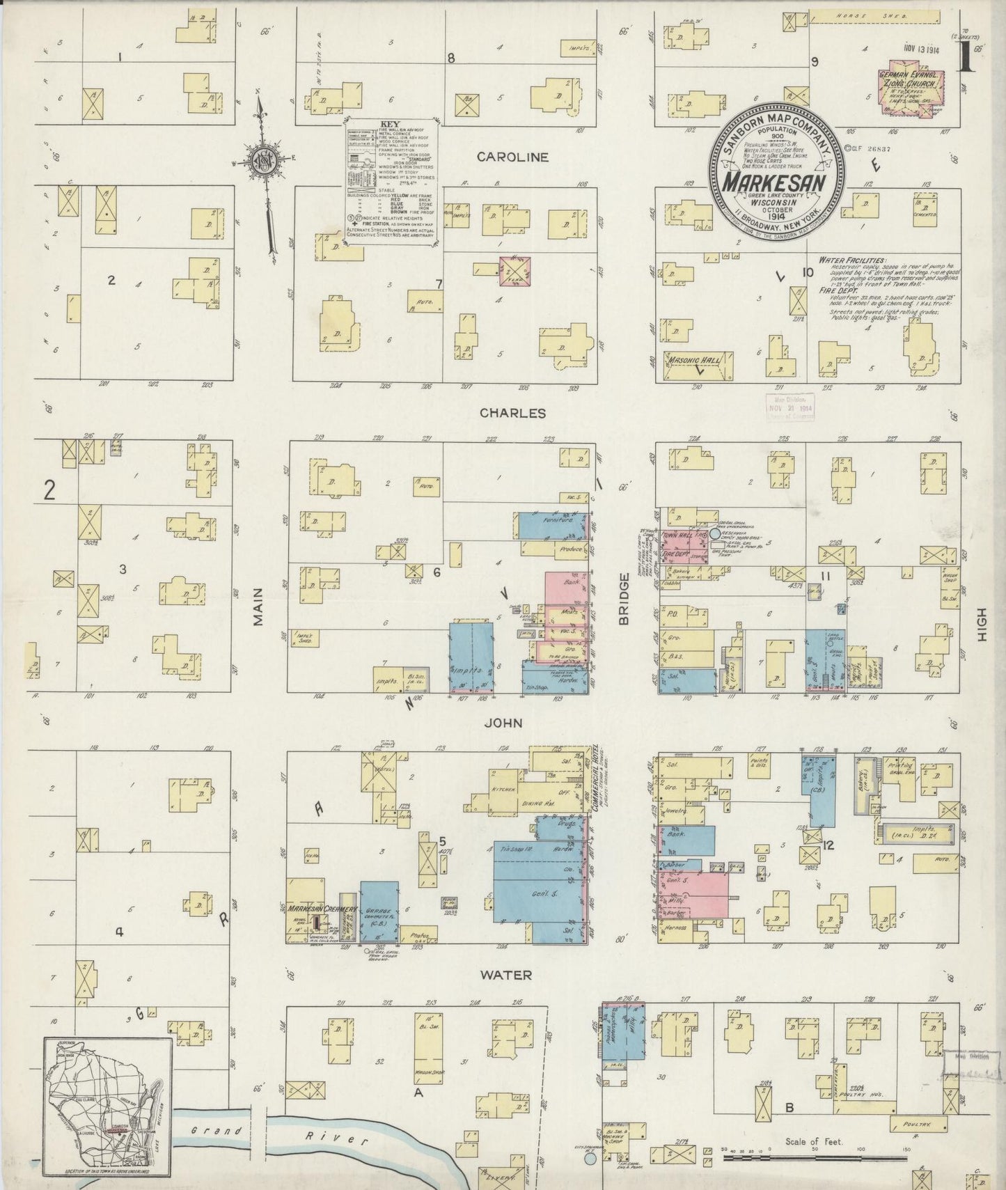 Sanborn Fire Insurance Map from Markesan, Green Lake County, Wisconsin (1914), Sheet #0001 - Complete Map Set gallery image, historic Sanborn map, vintage wall art, Wisconsin Wisconsin