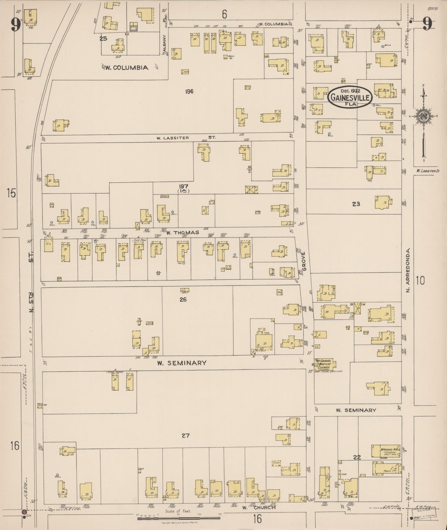Sanborn Fire Insurance Map from Gainesville, Alachua County, Florida (1922), Sheet #0009 - Complete Map Set gallery image, historic Sanborn map, vintage wall art, Florida Florida