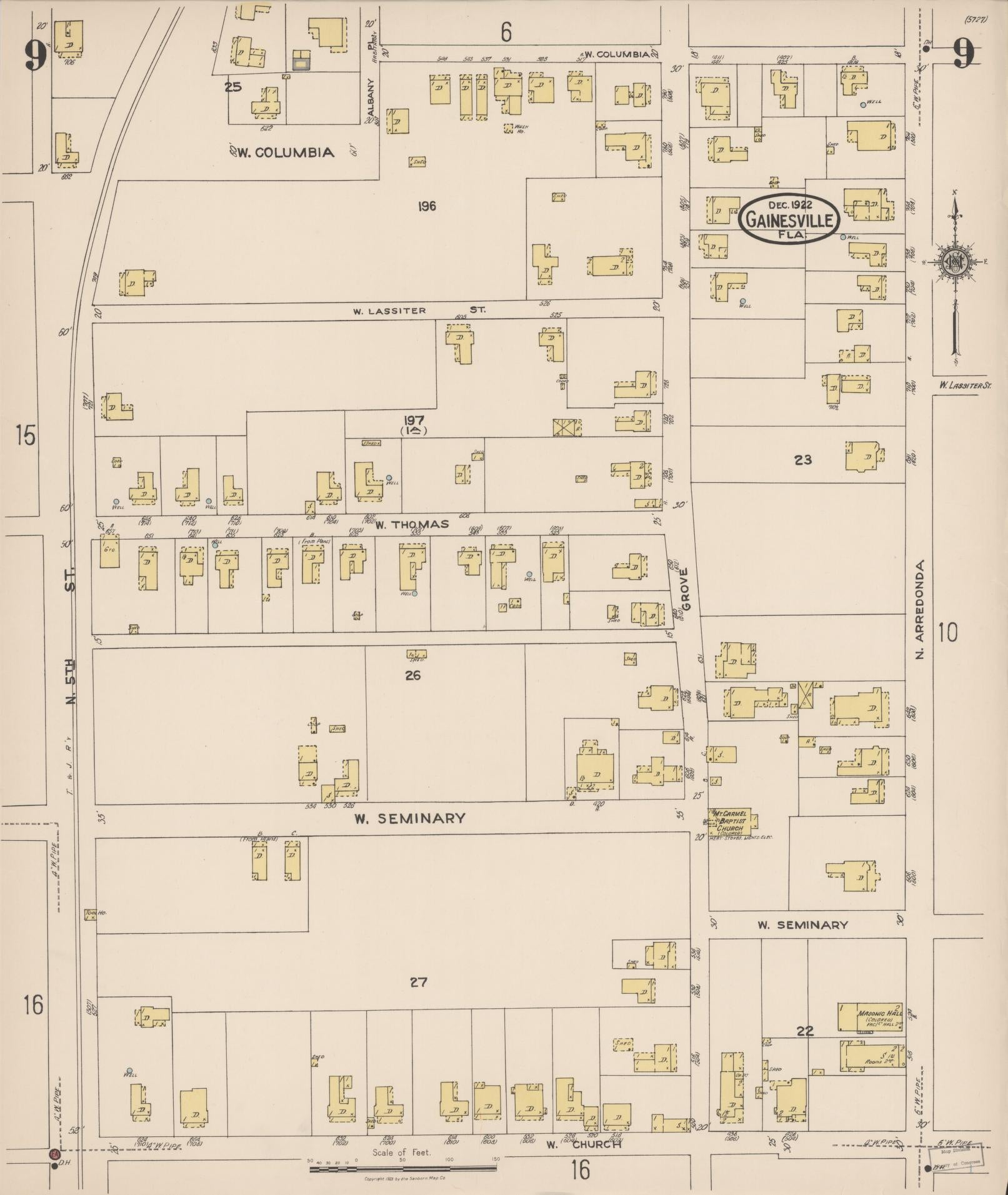 Sanborn Fire Insurance Map from Gainesville, Alachua County, Florida (1922), Sheet #0009 - Complete Map Set gallery image, historic Sanborn map, vintage wall art, Florida Florida