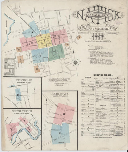 Sanborn Fire Insurance Map from Natick, Middlesex County, Massachusetts (1888), Sheet #0001 - Historic Sanborn Fire Insurance Map Print, vintage old map wall art, antique decor, genealogy gift, Massachusetts Massachusetts map