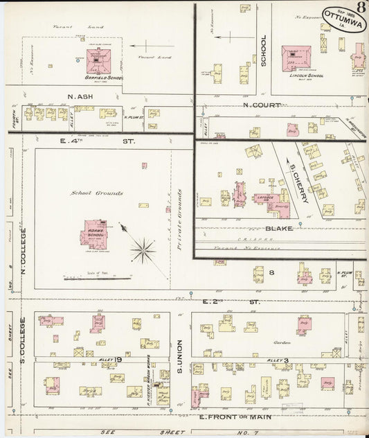 Sanborn Fire Insurance Map from Ottumwa, Wapello County, Iowa (1885), Sheet #0008 - Historic Sanborn Fire Insurance Map Print, vintage old map wall art