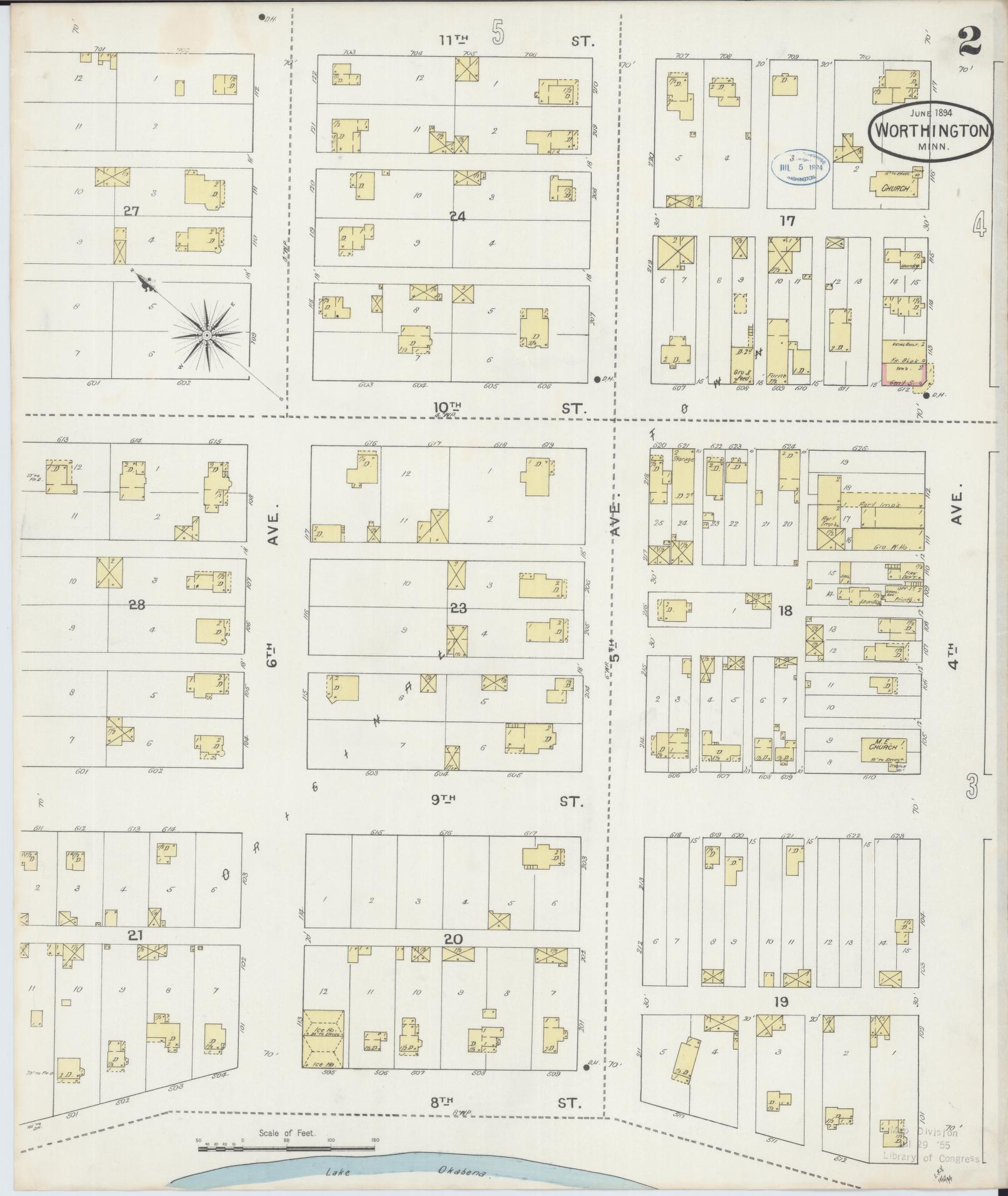 Sanborn Fire Insurance Map from Worthington, Nobles County, Minnesota (1894), Sheet #0002 - Historic Sanborn Fire Insurance Map Print, vintage old map wall art, antique decor, genealogy gift, Minnesota Minnesota map