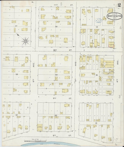 Sanborn Fire Insurance Map from Worthington, Nobles County, Minnesota (1894), Sheet #0002 - Historic Sanborn Fire Insurance Map Print, vintage old map wall art, antique decor, genealogy gift, Minnesota Minnesota map