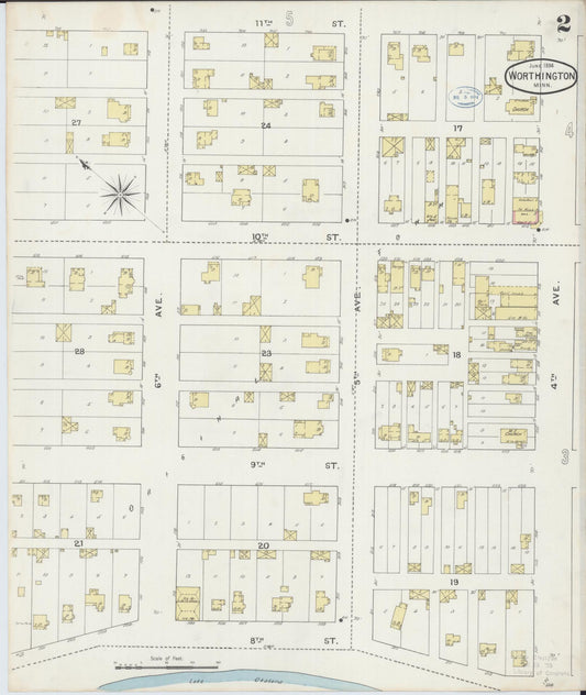 Sanborn Fire Insurance Map from Worthington, Nobles County, Minnesota (1894), Sheet #0002 - Historic Sanborn Fire Insurance Map Print, vintage old map wall art, antique decor, genealogy gift, Minnesota Minnesota map