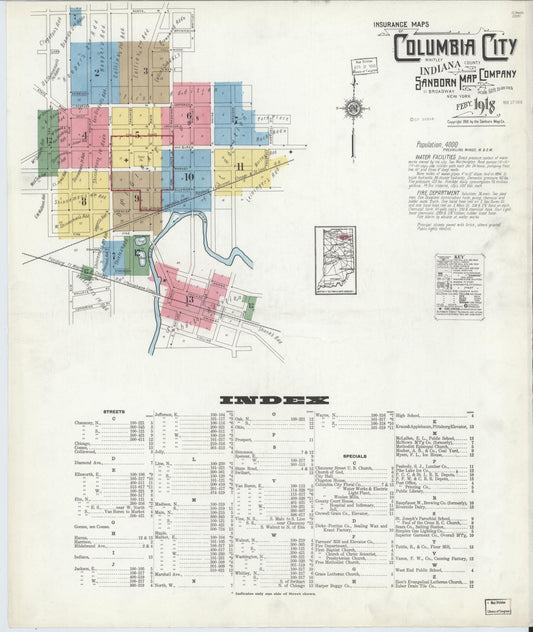 Sanborn Fire Insurance Map from Columbia City, Whitley County, Indiana (1918), Sheet #0001 - Historic Sanborn Fire Insurance Map Print, vintage old map wall art, antique decor, genealogy gift, Indiana Indiana map