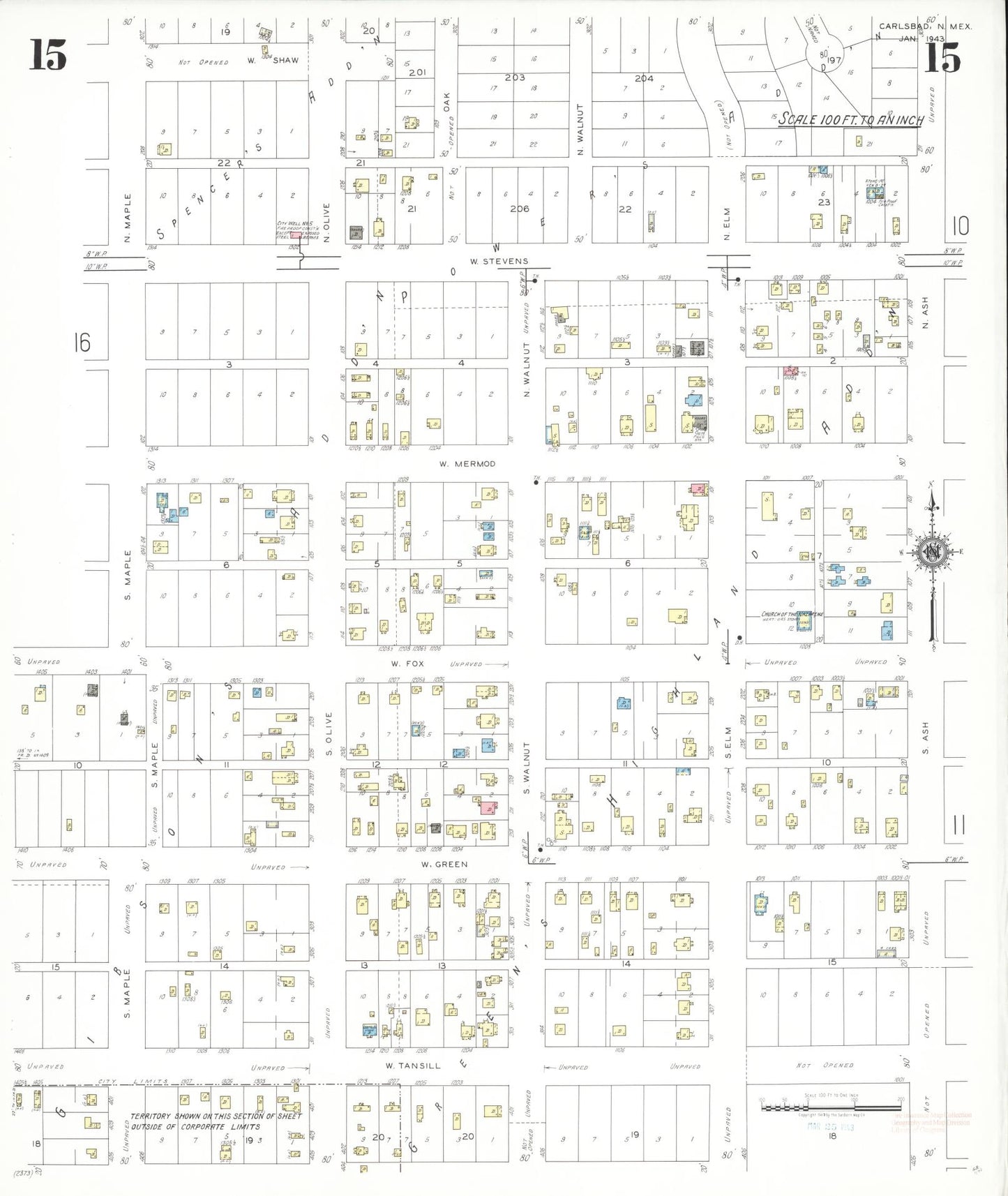 Sanborn Fire Insurance Map from Carlsbad, Eddy County, New Mexico (1943), Sheet #0015 - Complete Map Set gallery image, historic Sanborn map, vintage wall art, New Mexico New Mexico