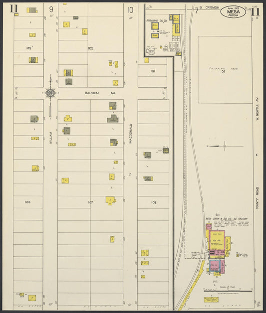 Sanborn Fire Insurance Map from Mesa, Maricopa County, Arizona (1923), Sheet #0011 - Historic Sanborn Fire Insurance Map Print, vintage old map wall art, antique decor, genealogy gift, Arizona Arizona map