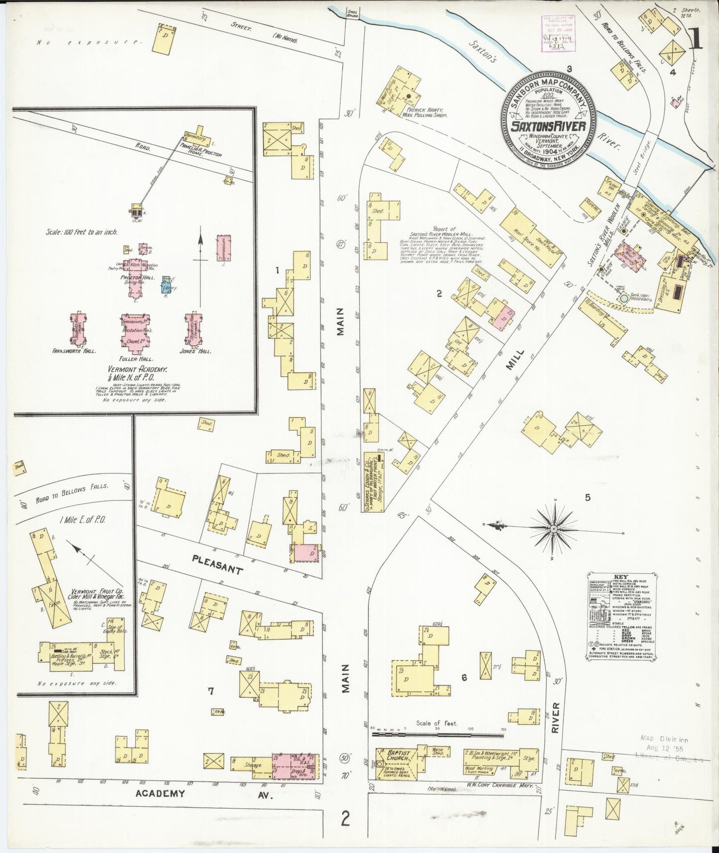 Sanborn Fire Insurance Map from Saxton's River, Windham County, Vermont (1904), Sheet #0001 - Complete Map Set gallery image, historic Sanborn map, vintage wall art, Vermont Vermont
