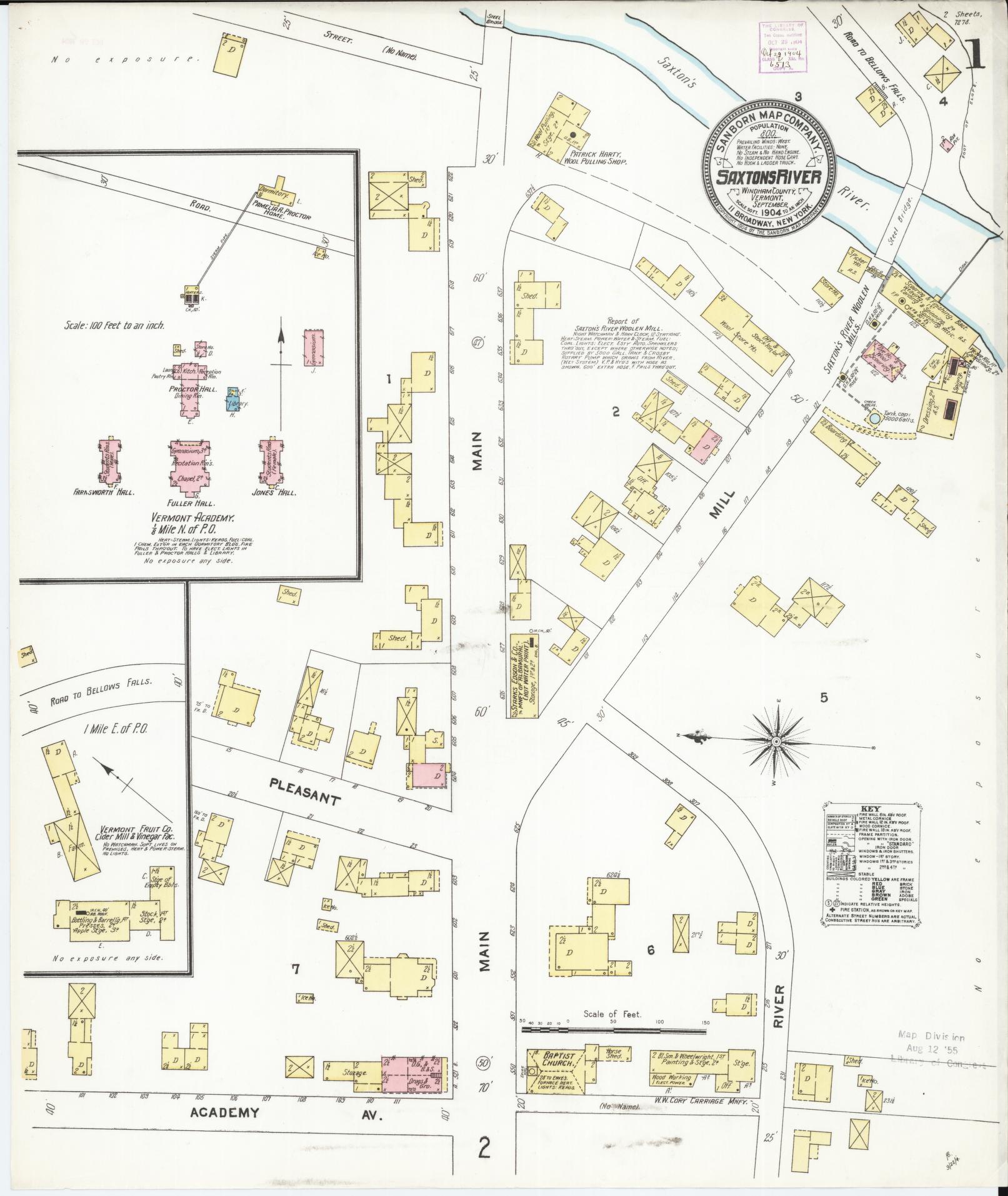 Sanborn Fire Insurance Map from Saxton's River, Windham County, Vermont (1904), Sheet #0001 - Complete Map Set gallery image, historic Sanborn map, vintage wall art, Vermont Vermont