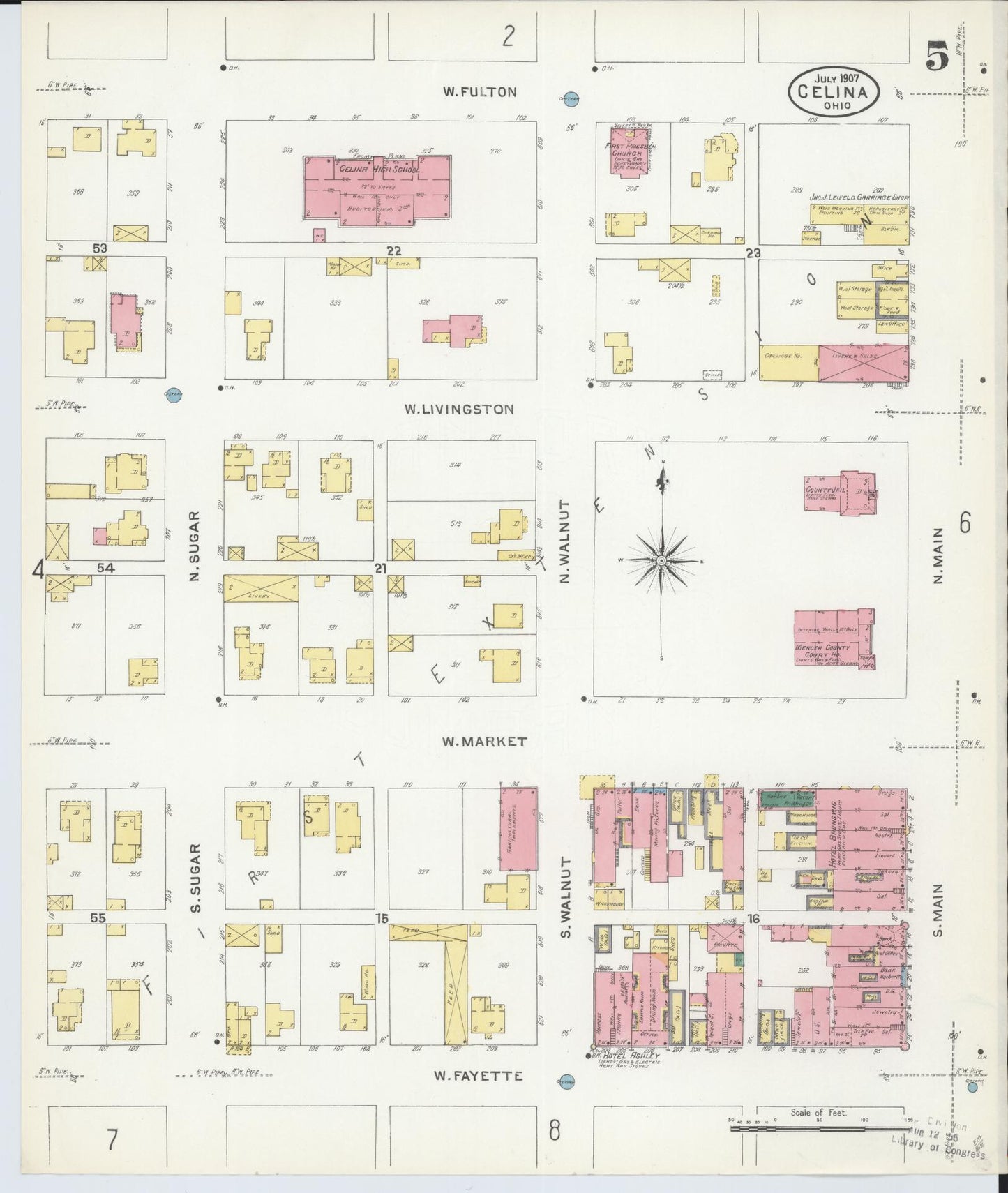 Sanborn Fire Insurance Map from Celina, Mercer County, Ohio (1907), Sheet #0005 - Historic Sanborn Fire Insurance Map Print, vintage old map wall art, antique decor, genealogy gift, Ohio Ohio map