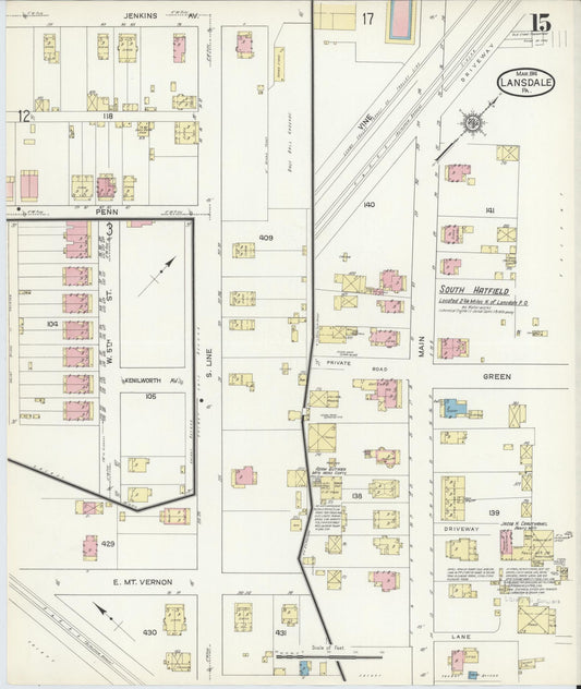 Sanborn Fire Insurance Map from Lansdale, Montgomery County, Pennsylvania (1914), Sheet #0015 - Historic Sanborn Fire Insurance Map Print, vintage old map wall art, antique decor, genealogy gift, Pennsylvania Pennsylvania map