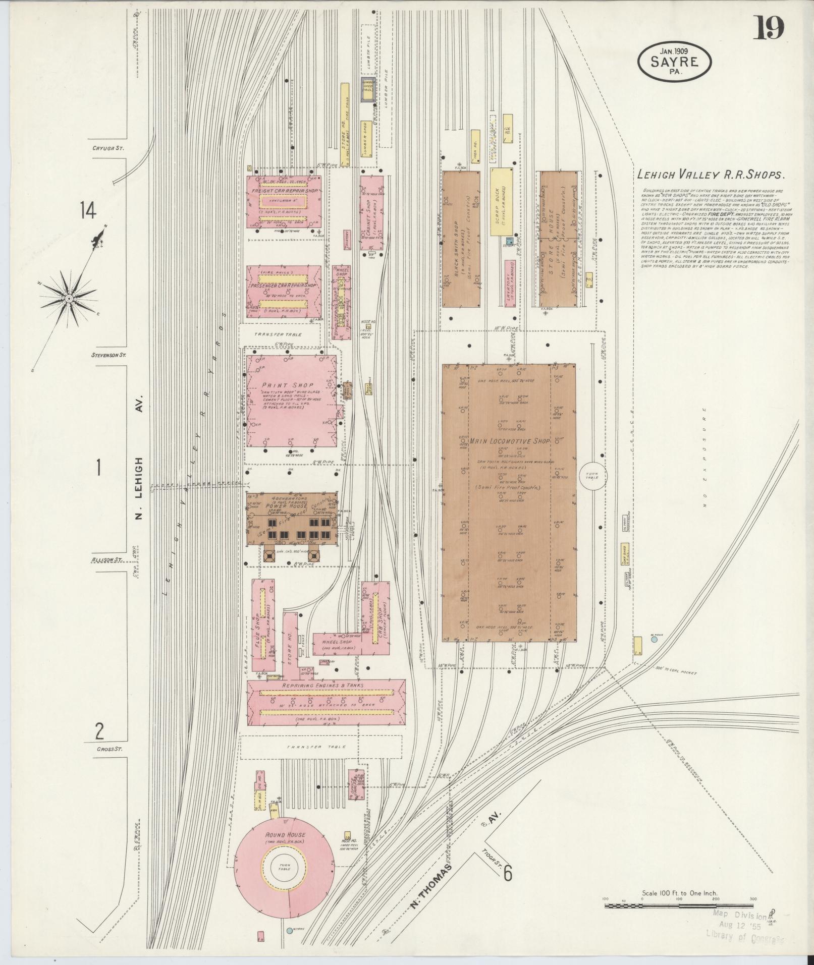Sanborn Fire Insurance Map from Sayre, Bradford County, Pennsylvania (1909), Sheet #0019 - Complete Map Set gallery image, historic Sanborn map, vintage wall art, Pennsylvania Pennsylvania
