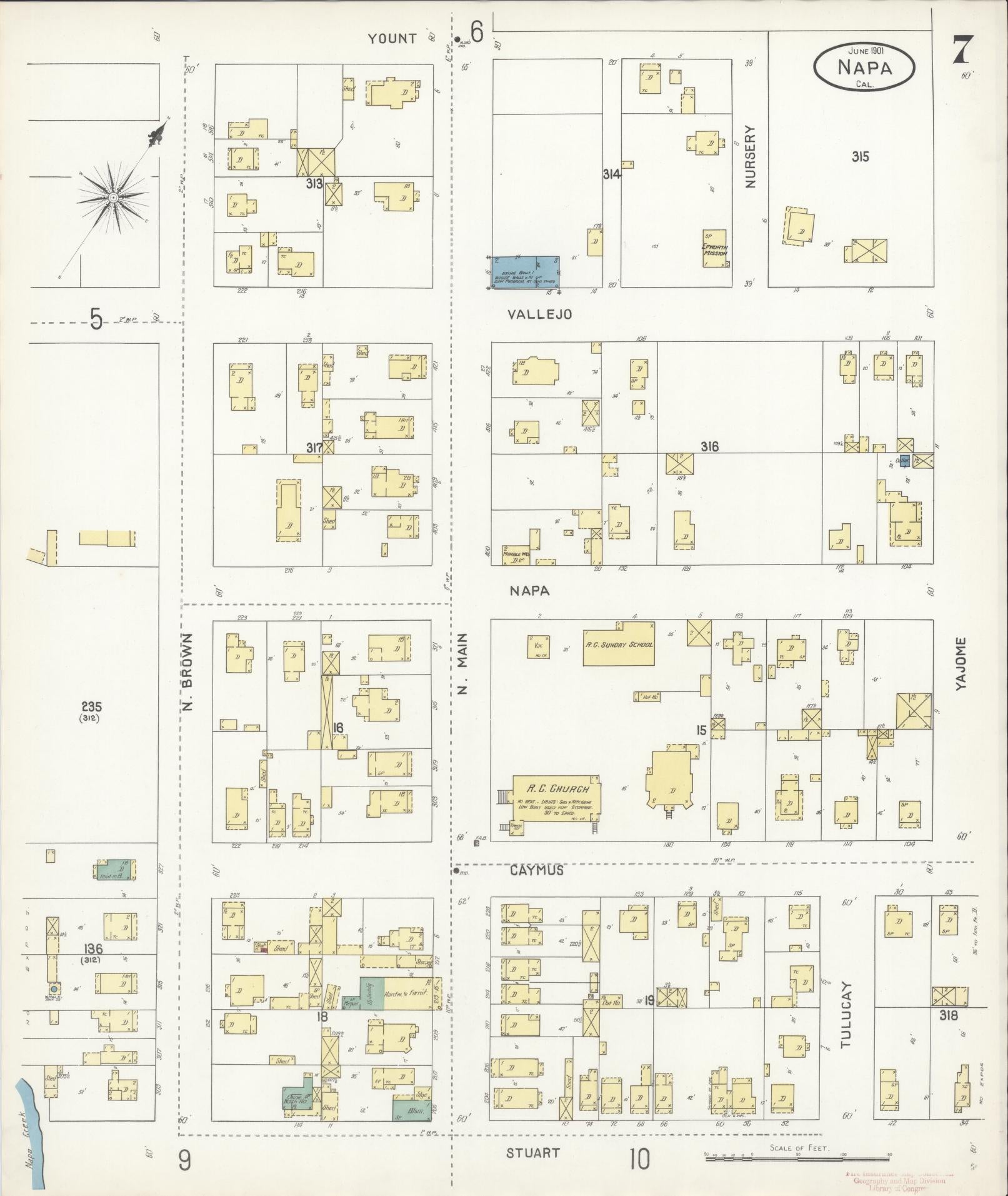 Sanborn Fire Insurance Map from Napa, Napa County, California (1901), Sheet #0007 - Complete Map Set gallery image, historic Sanborn map, vintage wall art, California California