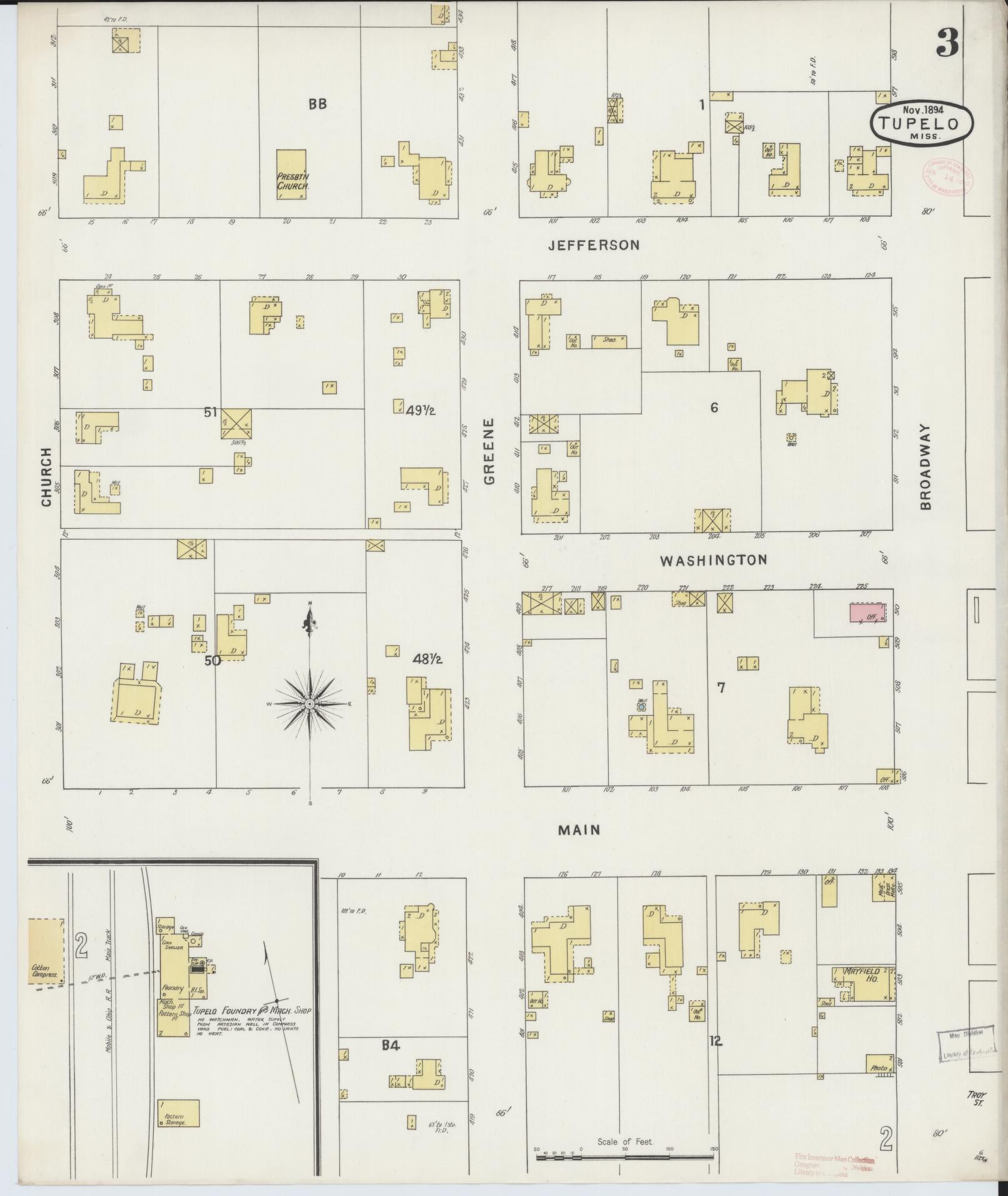 Sanborn Fire Insurance Map from Tupelo, Lee County, Mississippi (1894), Sheet #0003 - Complete Map Set gallery image, historic Sanborn map, vintage wall art, Mississippi Mississippi
