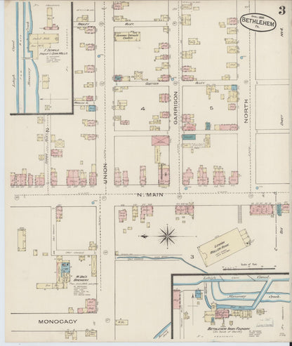 Sanborn Fire Insurance Map from Bethlehem, Northampton And Lehigh Counties, Pennsylvania (1885), Sheet #0003 - Complete Map Set gallery image, historic Sanborn map, vintage wall art, Pennsylvania Pennsylvania