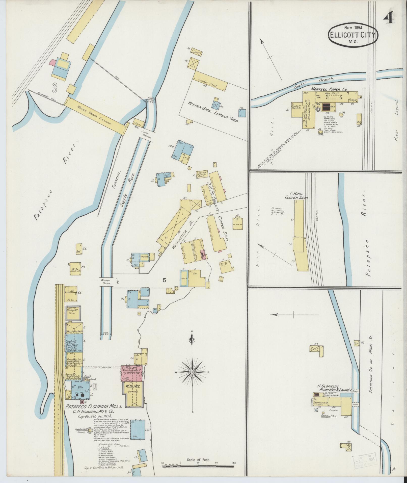 Sanborn Fire Insurance Map from Ellicott City, Howard County, Maryland (1894), Sheet #0004 - Historic Sanborn Fire Insurance Map Print, vintage old map wall art, antique decor, genealogy gift, Maryland Maryland map