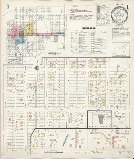Sanborn Fire Insurance Map from Aurora, Adams And Arapahoe Counties, Colorado (1942), Sheet #0001 - Complete Map Set gallery image, historic Sanborn map, vintage wall art, Colorado Colorado