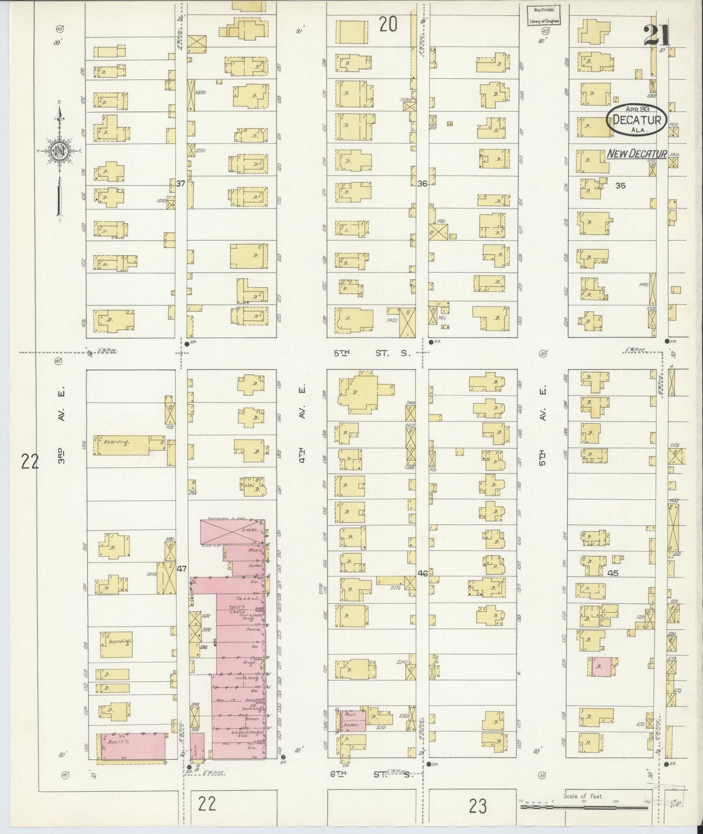 Sanborn Fire Insurance Map from Decatur, Morgan County, Alabama (1913), Sheet #0021 - Historic Sanborn Fire Insurance Map Print, vintage old map wall art, antique decor, genealogy gift, Alabama Alabama map