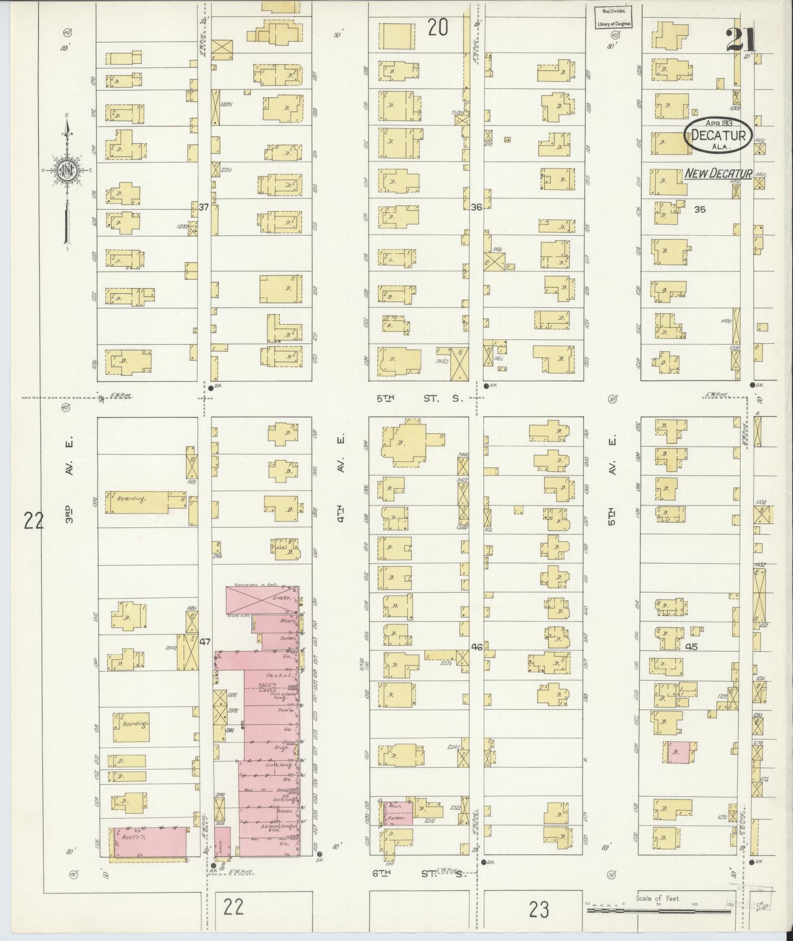 Sanborn Fire Insurance Map from Decatur, Morgan County, Alabama (1913), Sheet #0021 - Historic Sanborn Fire Insurance Map Print, vintage old map wall art, antique decor, genealogy gift, Alabama Alabama map