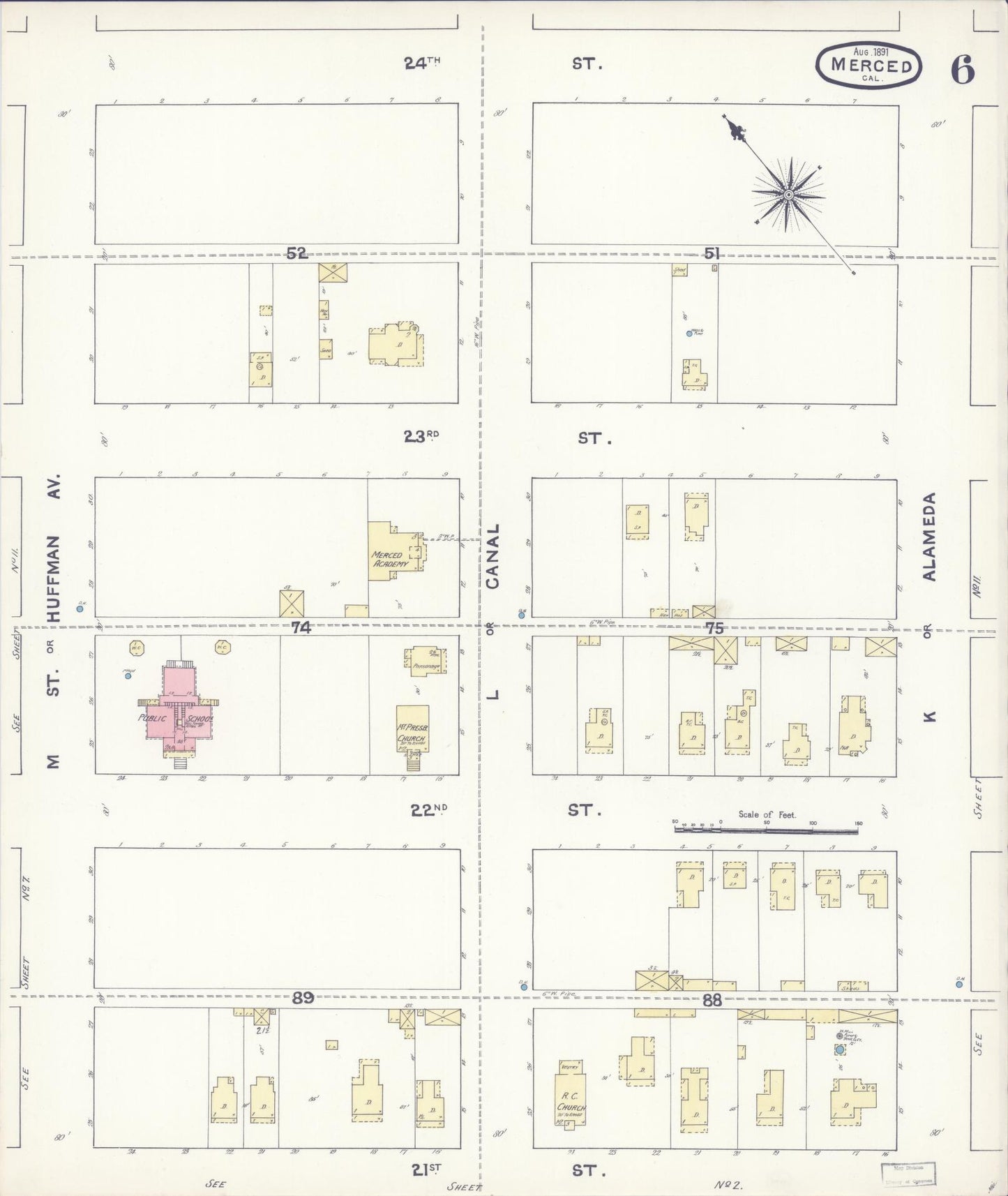 Sanborn Fire Insurance Map from Merced, Merced County, California (1891), Sheet #0006 - Historic Sanborn Fire Insurance Map Print, vintage old map wall art, antique decor, genealogy gift, California California map