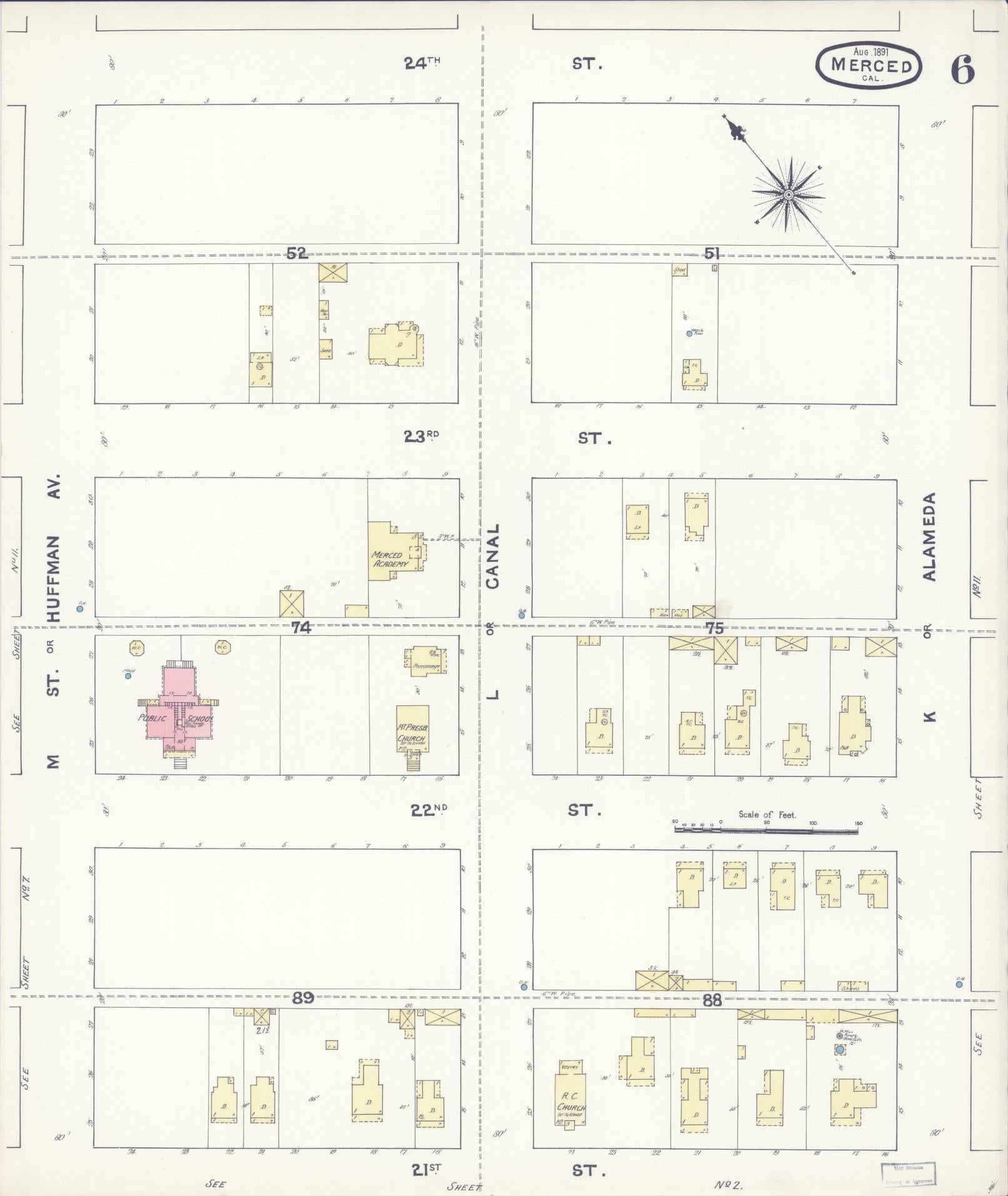 Sanborn Fire Insurance Map from Merced, Merced County, California (1891), Sheet #0006 - Historic Sanborn Fire Insurance Map Print, vintage old map wall art, antique decor, genealogy gift, California California map