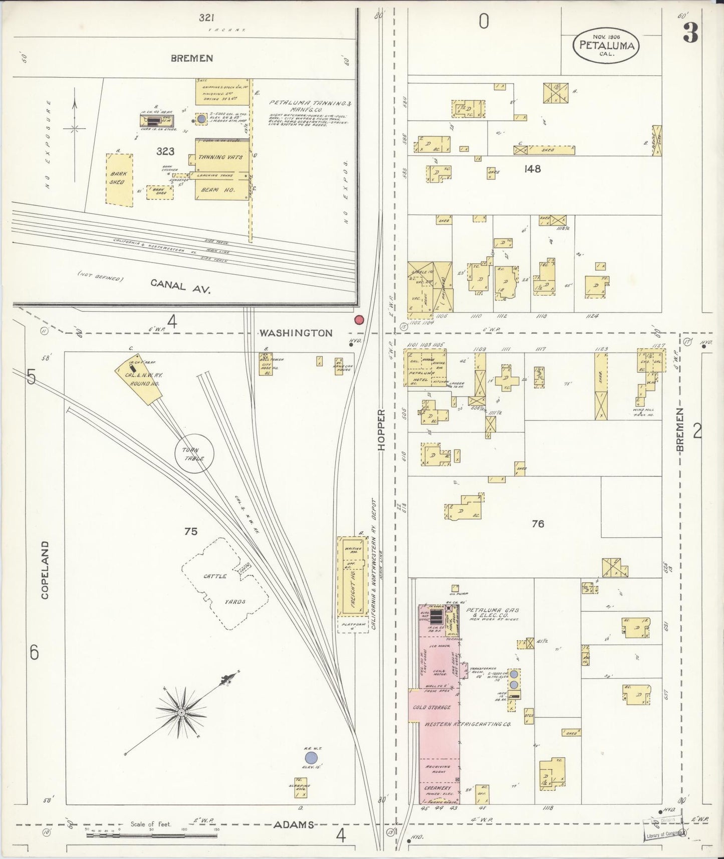Sanborn Fire Insurance Map from Petaluma, Sonoma County, California (1906), Sheet #0003 - Complete Map Set gallery image, historic Sanborn map, vintage wall art, California California